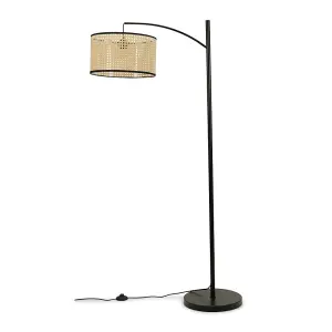 ValueLights Preto Black Metal Curve Stem Floor Lamp with a Natural Cane Wicker Shade with Black Trim - Bulb Included