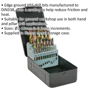 Comprehensive 25 Piece HSS Drill Bit Set - 1mm to 13mm for Hand and Pillar Drills