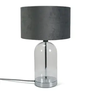 ValueLights Jessy Glass and Silver Chrome Metal Bedside Table Lamp with a Grey Velvet Lampshade - Bulb Included