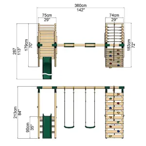 Rebo Wooden Swing Set with Deck and Slide plus Up and Over Climbing Wall - Jade Green