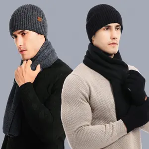 Grey Autumn & Winter Warm Knitted Acrylic Hat Scarf Gloves Set