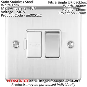 2 PACK 13A DP Switched Fuse Spur SATIN STEEL & White Mains Isolation Wall Plate