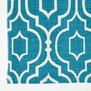 Homescapes Riga Teal and White 100% Cotton Printed Patterned Rug, 160 x 230 cm