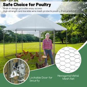 Costway Hexagonal Metal Chicken Coop Chicken Run House Spire-shaped Cage w/ Wire Mesh