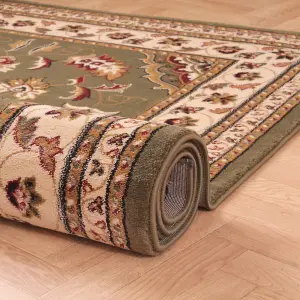 Green Traditional Easy to Clean Floral Bordered Rug For Dining Room-80cm X 150cm