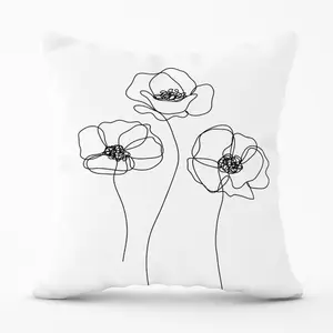 Monochrome Line Drawn Poppies Cushions 45cm x 45cm