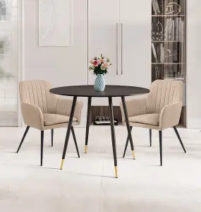 Hallowood Furniture Finley Small Round Dining Table in Black Finish with 2 Light Brown Fabric Armed Chairs