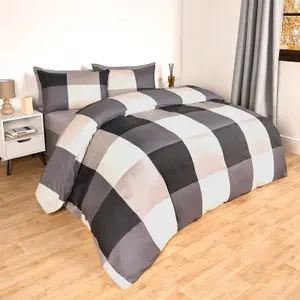 Gingham Check Duvet Cover Bedding Quilt Set Reversible, Grey - Superking