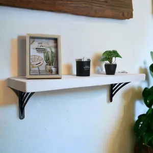 Solid Wood Handmade Rustical Shelf White 225mm 9 inch with Black Metal Bracket WAT Length of 190cm