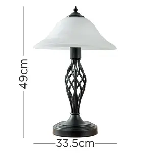 ValueLights Memphis Satin Black Barley Twist Table Lamp with Frosted Alabaster Shade - Complete with 6w LED Bulb In Warm White