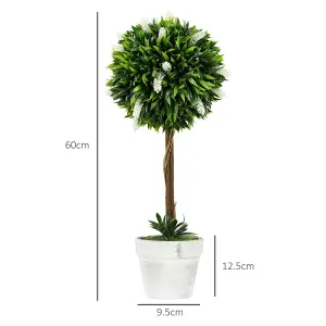 HOMCOM Set of 2 Potted Artificial Plants Ball Tree with Flowers, White