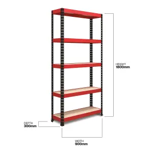 RB BOSS Garage Shelving Unit FastLok 5 Shelf MDF Red & Black Powder Coated Steel (H) 1800mm (W) 900mm (D) 300mm