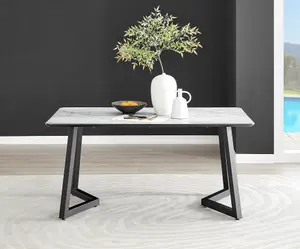 Furniturebox UK Carson White Marble Effect Dining Table & 6 Blue Nora Black Leg Chairs