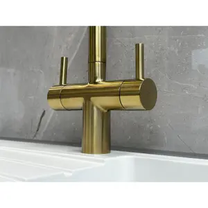 Liquida W03BG Monobloc Swan Neck Twin Lever Brushed Gold Kitchen Mixer Tap