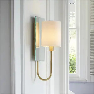 2 PACK Satin Brass Dimmable Wall Light - Vintage White Shade - Bevelled Edge Mirrored Back Plate