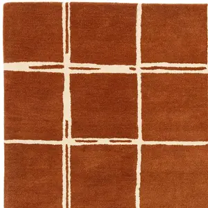 Rust Chequered Wool Modern Shaggy Handmade Rug For Living Room Bedroom & Dining Room-120cm X 170cm