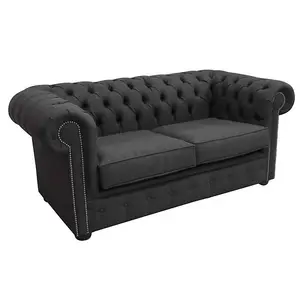 Chesterfield 2 Seater Sofa Charles Charcoal Grey Linen Fabric In Classic Style