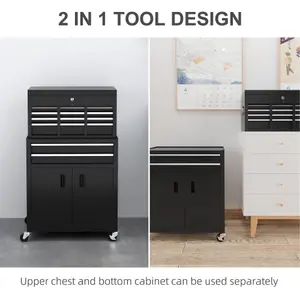 HOMCOM Top Chest and Roller Cabinet Combo Metal Tool Cabinet on Wheels Black