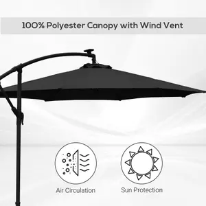 Outsunny 3(m) LED Patio Banana Umbrella Cantilever Parasol w/ Crank, Black