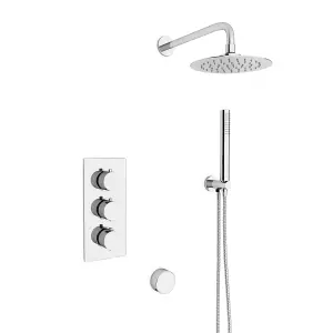 Flora Round 3 Way Concealed Thermostatic Shower Mixer Valve, Shower Head, Handset, Bath Filler Set Chrome