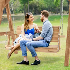 Costway 2-Person Porch Hanging Swing Chair Wooden Garden Swing Bench W/ Cup Holders