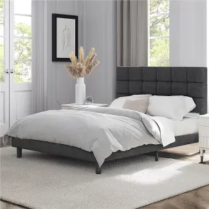 Yaheetech Dark Grey 4ft6 Double Upholstered Bed Frame with Square Tufted Adjustable Headboard and Wooden Slats Support