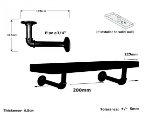 Wooden Shelf with Bracket PIPE Black 225mm Antique Grey Length of 20cm