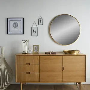 Wall Mirror Bexley Round Shaped with Brushed Gold Aluminium Frame- Diameter 60cm for Lounge Exuding Opulence, Art Deco home