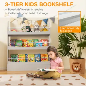 Costway 3-Tier Kids Bookshelf Toy Storage Bookcase Rack Wall w/ Anti-toppling Kits Grey