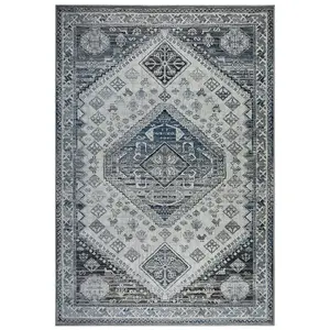 Persian Bordered Easy to Clean Blue Geometric Traditional Rug for Dining Room-200cm X 285cm