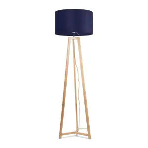 ValueLights Lottie Natural Wood Tripod Floor Lamp with Navy Blue Velvet Drum Shade