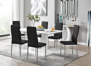 Imperia White High Gloss 6 Seater Dining Table with Structural 2 Plinth Column Legs 6 Black Stitched Faux Leather Milan Chairs