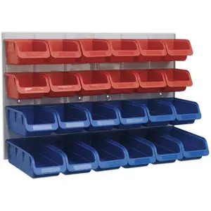 24 Assorted Red and Blue Plastic Storage Bins with Heavy-Duty Wall Panel