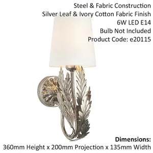 Ornate Silver Wall Light Fitting & Ivory Cotton Shade Decorative Leaf Design