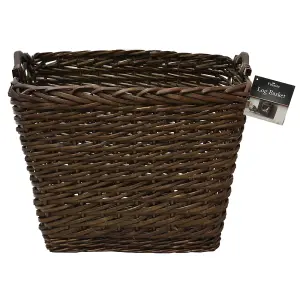 JVL Vertical Weave Rectangle Log Basket with Wooden Handles, Medium, Brown