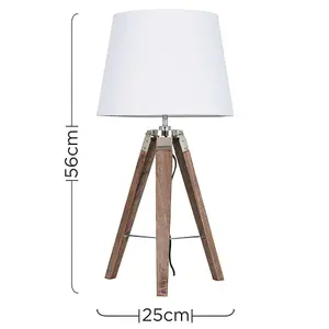 ValueLights Clipper Pair of - Modern Distressed Wood and Silver Chrome Tripod Table Lamps with White Tapered Light Shades