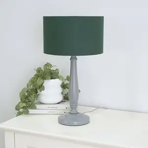 ValueLights Victoria Traditional Grey Wood Candlestick Table Lamp with Forest Green Drum Shade