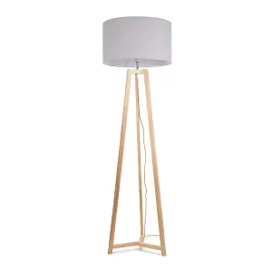 ValueLights Lottie Natural Wood Tripod Floor Lamp with Grey Drum Shade