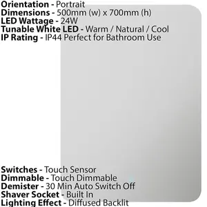 500 x 700mm IP44 Backlit Bathroom Mirror - Demister & Shaver Socket Tunable LED