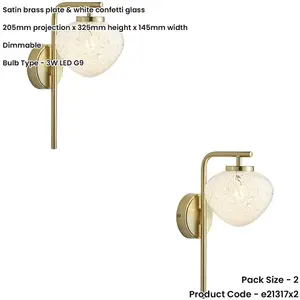 2 PACK Satin Brass Dimmable Wall Light - Confetti Glass Tear Drop Shade - 3W LED G9