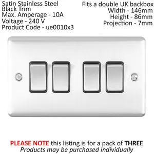 3 PACK 4 Gang Quad Metal Light Switch SATIN STEEL 2 Way 10A Black Trim