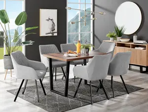 Furniturebox Kylo Brown Rectangular Wood Effect Dining Table & 6 Light Grey Fabric Falun Black Leg Chairs