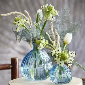 Round Glass Ribbed Bottle Flower Bud, Stem Vase - Ocean Blue (Dia) 15 cm