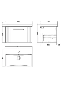 Retro 1 Drawer Wall Hung Vanity Unit with Curved 1 Tap Hole Ceramic Basin - 600mm - Satin White