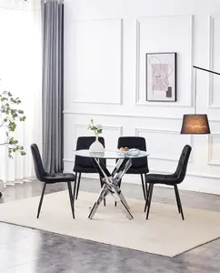 Dining Table and 4 Chairs Round Glass Table 4 Black Velvet Chairs Dining Set