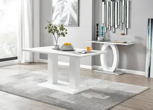 Imperia White High Gloss 6 Seater Dining Table with Structural 2 Plinth Column Legs And 6 White Faux Leather Willow Chairs