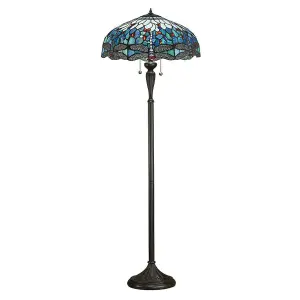 Tiffany Glass Dragonfly Floor Lamp - Dark Bronze Finish - 2 x 60W E27 GLS LED