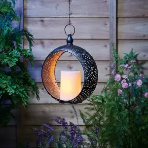 Metal Hanging Lantern with Solar Powered LED Candle - Black & Gold Garden Ornament Light with Cut Out Pattern - H60 x W24 x D10cm