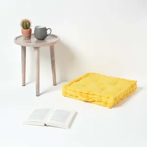 Homescapes Cotton Yellow Floor Cushion, 40 x 40 cm