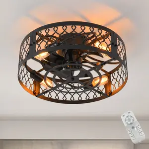 50cm Farmhouse Reversible Caged Ceiling Fan with Light Kit and Remote Black